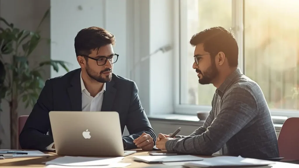 PhD thesis help consultation between research scholar and academic expert at office desk